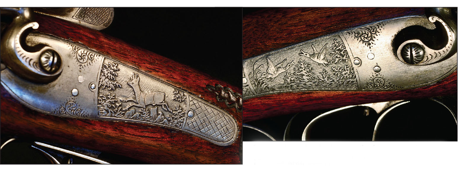 The back-action locks are nicely engraved, with a roebuck and, oddly, two ducks.